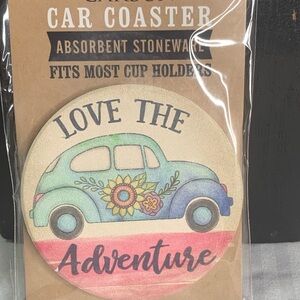3/$20 NEW LOVE ADVENTURE Car Coaster absorbent stoneware - fits most cup holders